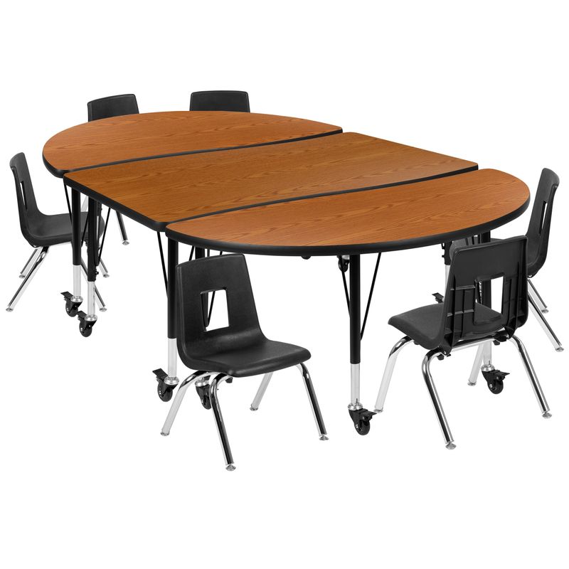 Mobile 76" Oval Wave Collaborative Laminate Activity Table Set with 14" Student Stack Chairs, Grey/Black - Oak