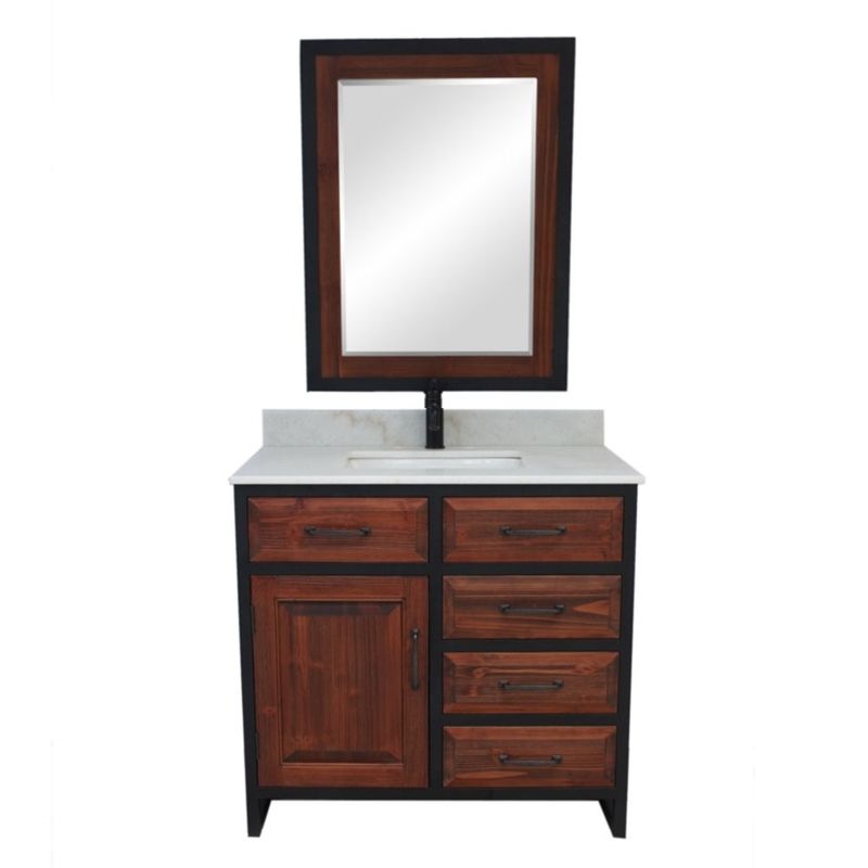 36"Rustic Solid Fir Single Sink Iron Frame Vanity in Brown-Driftwood Finish with Marble Top-No Faucet - Oval - Carrara White Marble Top