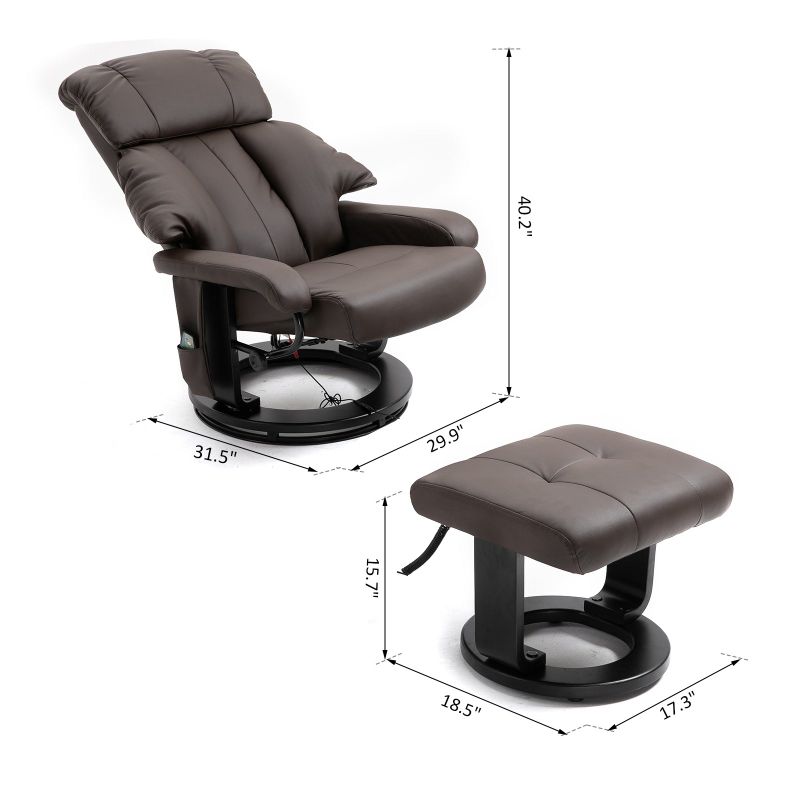 HOMCOM Recliner with Ottoman Footrest, Recliner Chair with Vibration Massage, Faux Leather and Swivel Wood Base for Living Room - Brown