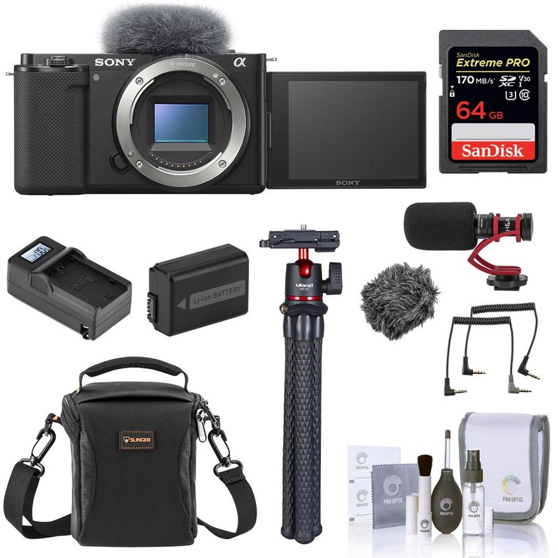 Sony ZV-E10 Mirrorless Camera Body, Black Bundle with 64GB SD Card, Shoulder Bag, On-Camera Microphone, Flexible Tripod, Extra Battery,...