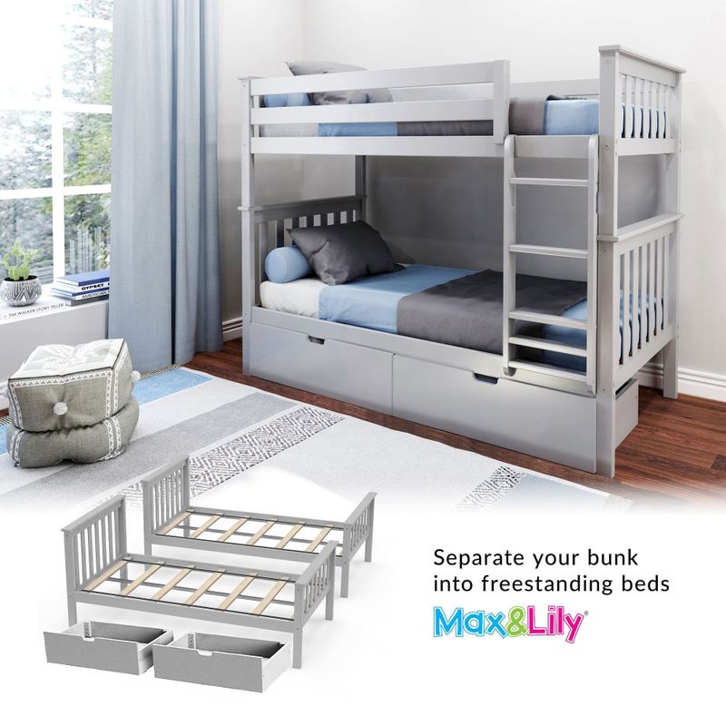 Max & Lily Twin over Twin Bunk Bed with Under Bed Storage Drawers - White