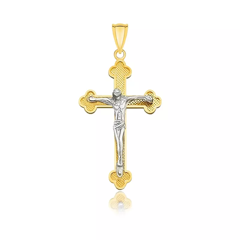 14k Two Tone Gold Small Budded Style Cross with Figure Pendant