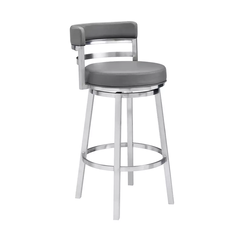 Titana 26" Counter Height Swivel Grey Faux Leather and Brushed Stainless Steel Bar Stool