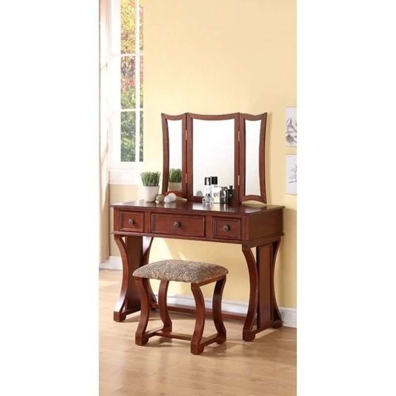 Modish Vanity Set Featuring Stool And Mirror Cherry Brown