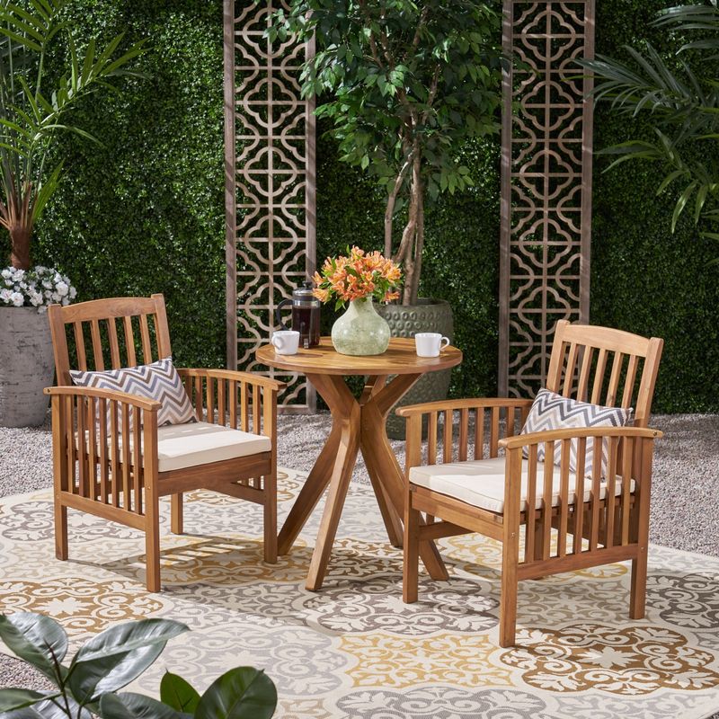 Casa Outdoor 2-Seater 28" Round Acacia Wood Bistro Set with X-Legs by Christopher Knight Home - teak finish  + cream cushion