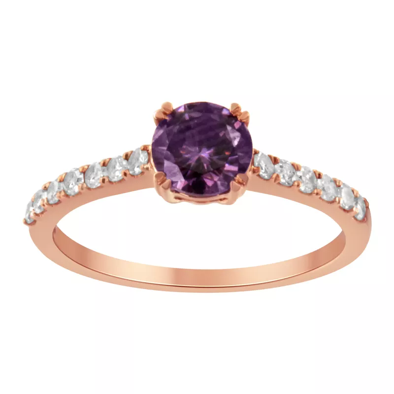 10K Rose Gold 1/4 Cttw Diamond and 6MM Amethyst Gemstone Halo Ring(H-I Color, I1-I2 Clarity) - Ring Size 7