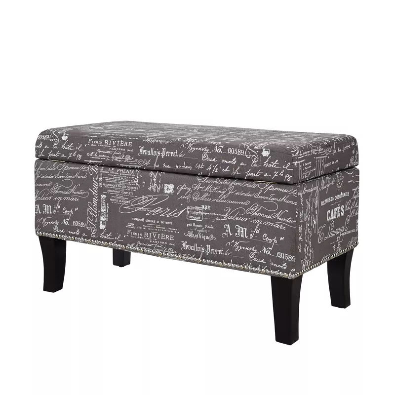 Salem Upholstered Storage Ottoman Grey Linen With Script