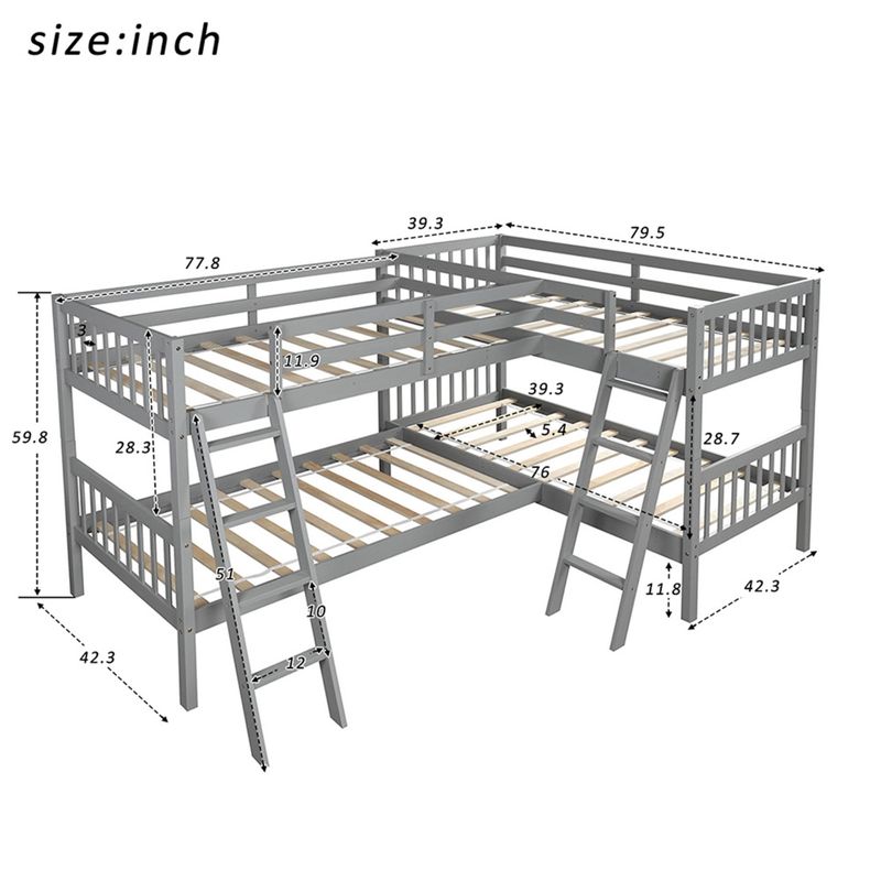 Rent to own L-Shaped Bunk Bed Platform Bed Twin Size - Grey - FlexShopper