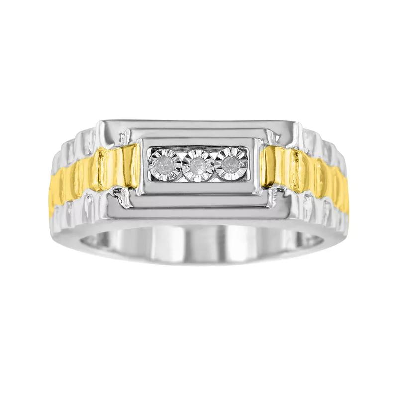 10K Yellow Gold Plated .925 Sterling Silver Diamond Accent Miracle-Set 3 Stone Ridged Band Gentlemen's Fashion Ring (I-J Color, I2-I3 Clarity) - Choice of Size