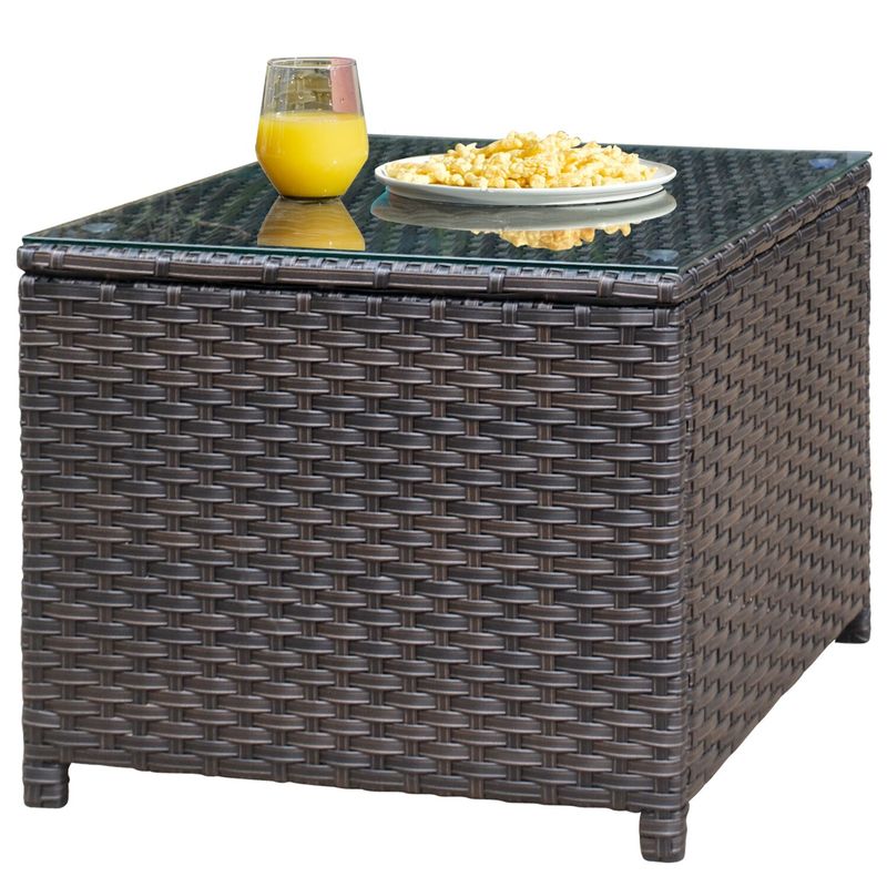 OVIOS Garden Outdoor Wicker Coffee Table with Glass Top - Brown