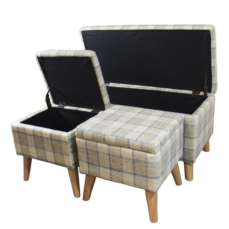 18" Grey Plaid Storage Bench + 2 Storage Ottoman Seating - Aquamarine Blue