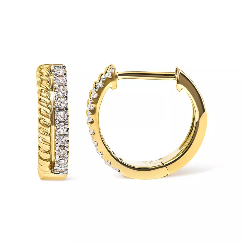 10K Yellow Gold 1/10 Cttw Diamond and Rope Twist Huggy Hoop Earrings (H-I Color, I1-I2 Clarity)