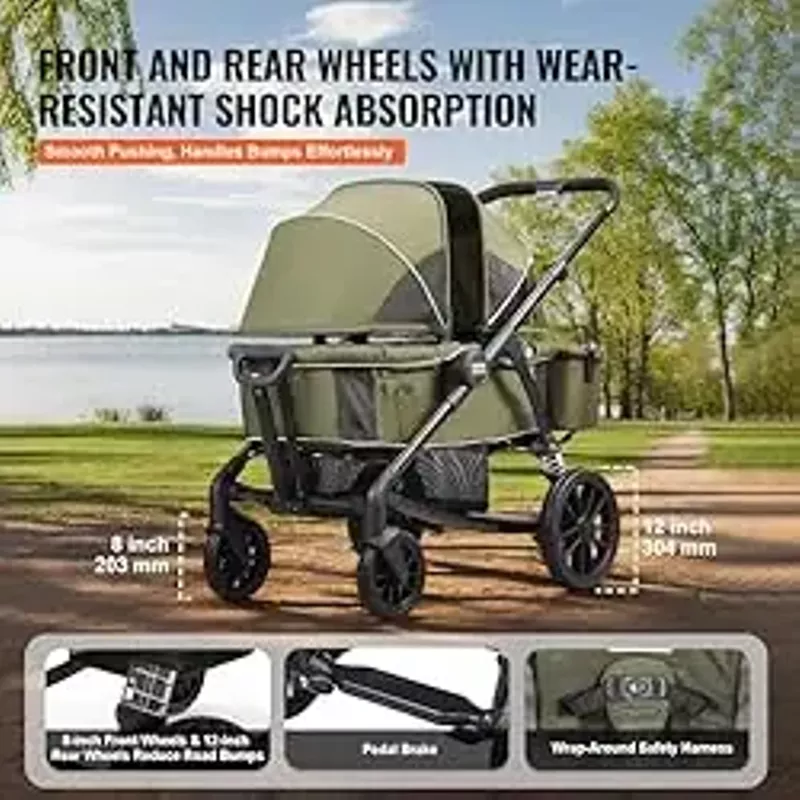 VEVOR All-Terrain Stroller Wagon, 2 Seats Foldable Expedition 2-in-1 Collapsible Wagon Stroller, includes Canopy, Parent Organizer, Snack Tray & Cup Holders, 55lbs for Single Seat, Olive Green