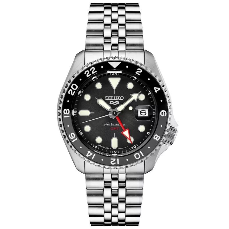 Seiko - Mens Seiko 5 Sport SKX GMT Series Silver-Tone Watch Black Dial