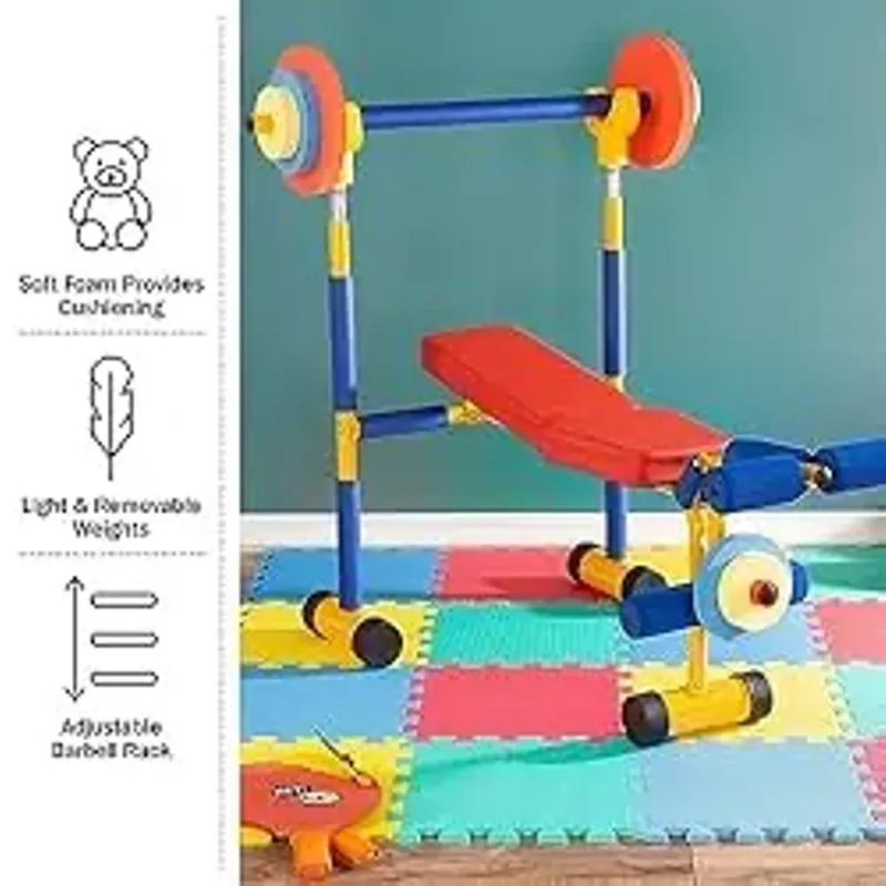 Hey! Play! Kids Weight Bench Set - Toddler Gym for Beginner Exercises and Weightlifting with Leg Press and Barbell - Toys for Ages 3 and Up Medium