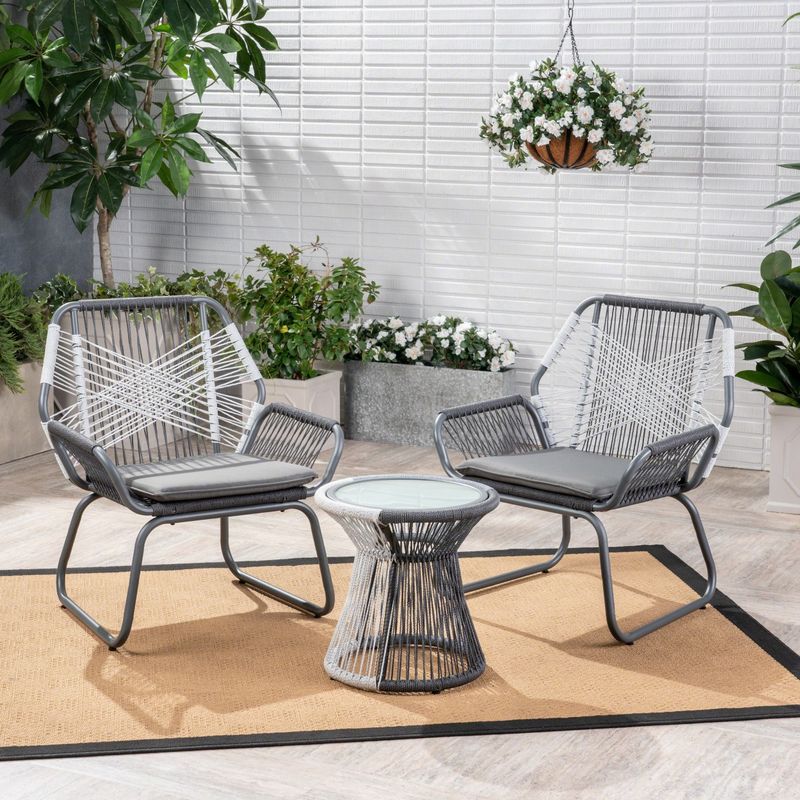 Idaho Outdoor 3 Piece Woven Chat Set by Christopher Knight Home - grey + white + grey