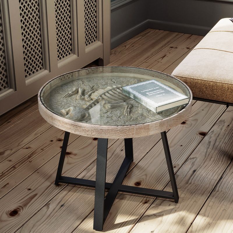 COSIEST Outdoor Coffee Table with Glass Top, Dinosaur Bones Fossil Display - Black/White