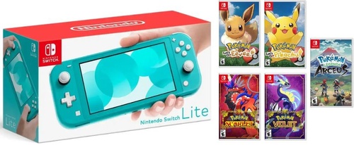 Nintendo Switch Lite Turquiose Pokemon Bundle With Legends Arceus , Scarlet , Violet, Let's Go Pikachu, & Let's Go Evee