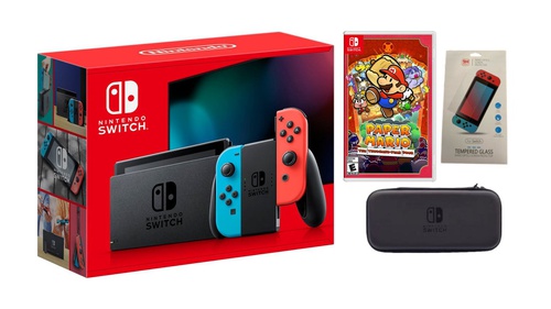 Nintendo Switch Neon + Paper Mario: The Thousand-Year Door Bundle with Accessories