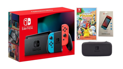 Nintendo Switch Neon + Detective Pikachu Returns Bundle with Accessories