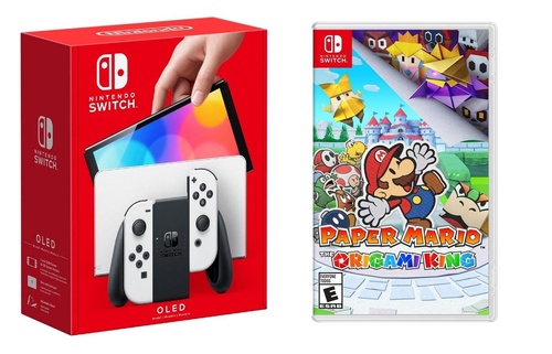 Nintendo - Switch OLED White + Paper Mario Origami BUNDLE