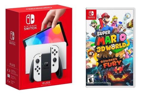 Nintendo - Switch OLED White + Super Mario 3D World Bowsers Fury BUNDLE